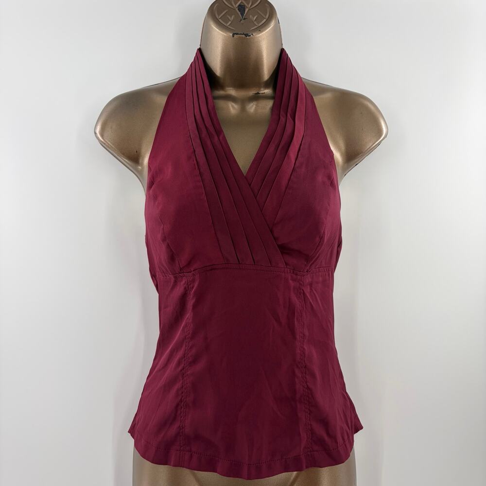 XOXO Burgundy Halter Top Deep V Pleated Stretch Y2K Going Out Top